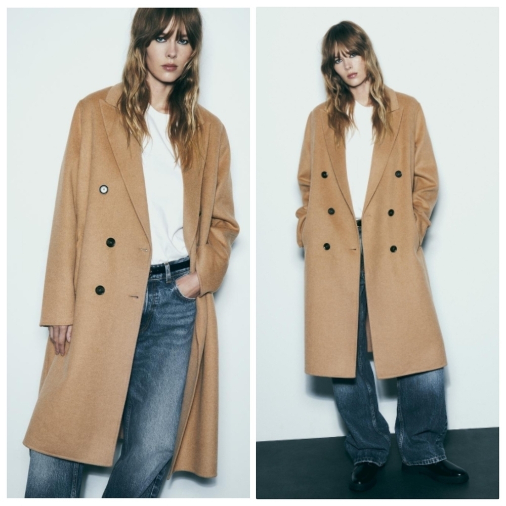 New Zara Wool-Blend Double-Breasted Oversized Camel Long Coat X-Small NWT